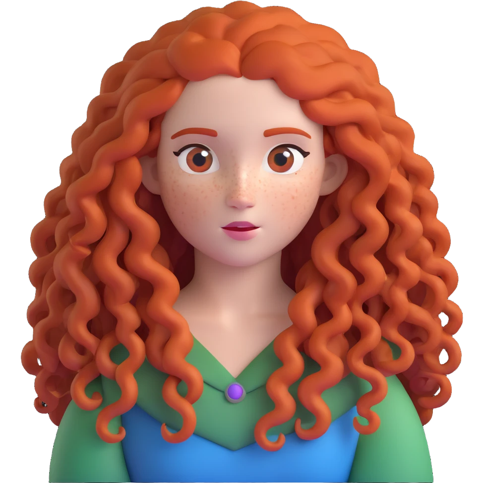 Merida from Brave with extremely long wild curly red hair and face completely covered with freckles emoji