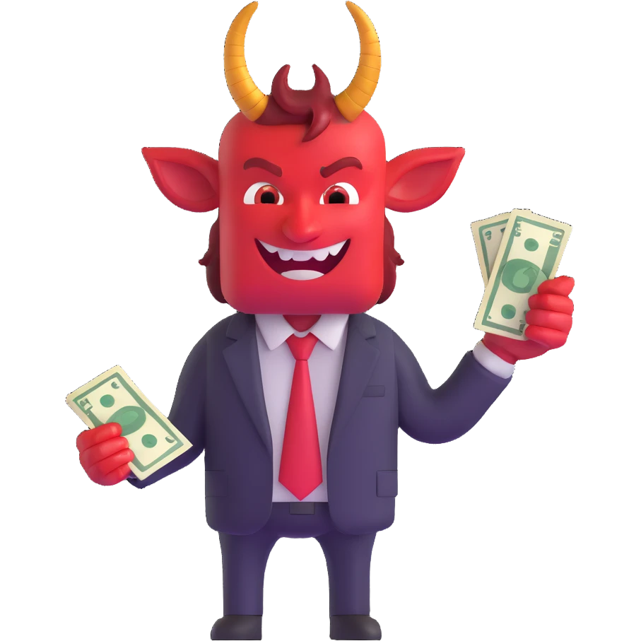 red devil with horns in business suit counting cash with greedy expression emoji
