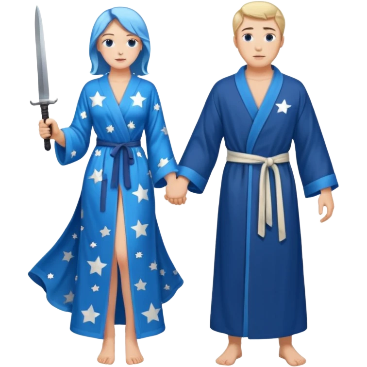An upright Europe (a tall woman), wearing a blue, flowing robe with stars on the hem. In the background stands a man, with a knife
He has to stand behind her. the top of the knife to her back emoji