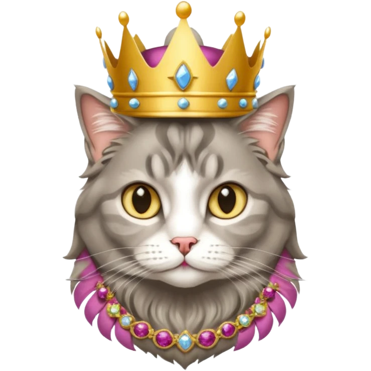 Very fluffy grey tabby maincoon cat dressed like the queen of England emoji