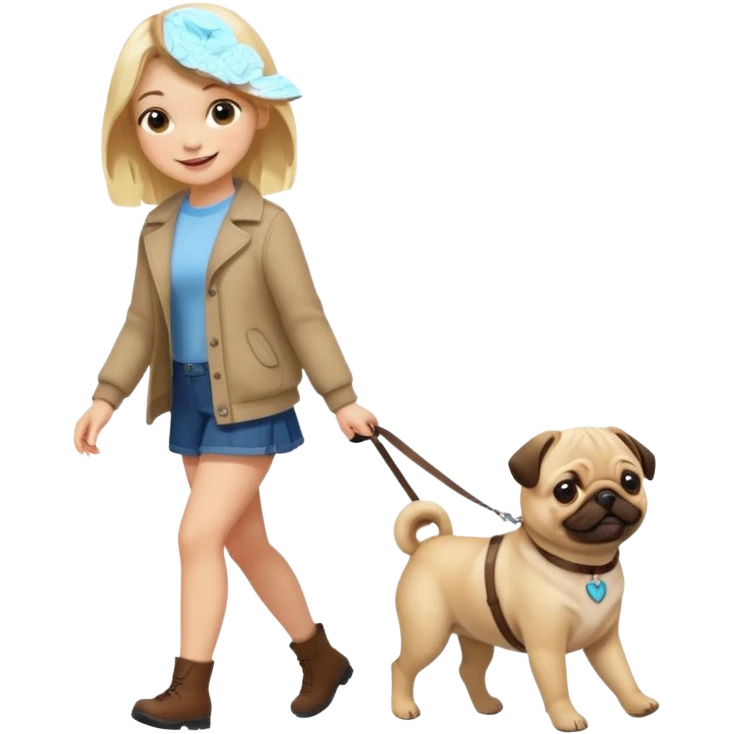 haz una chica rubia paseando a su perro pug emoji