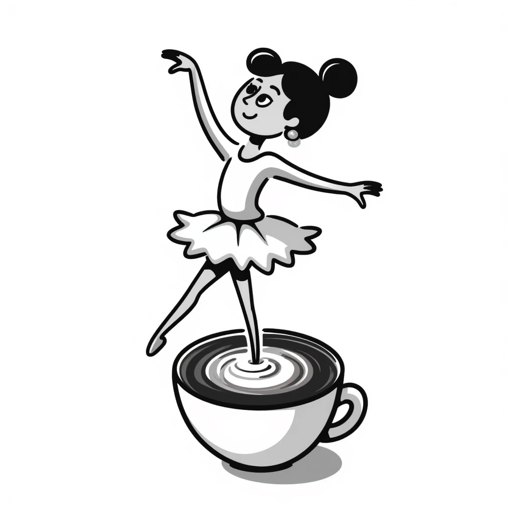 Elegant ballerina dancer formed from cappuccino foam art, pirouetting on top of coffee emoji