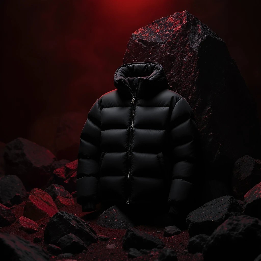 cinematic still of a front black puffer jacket around black stone with red coal temeperature environment, back red light, top light, shot by sony A7 III emoji