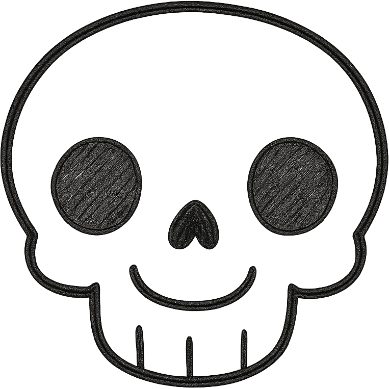 Make the skeleton head look more realistic using only black lines, no color, no shading. Keep it friendly and not scary, front view. emoji