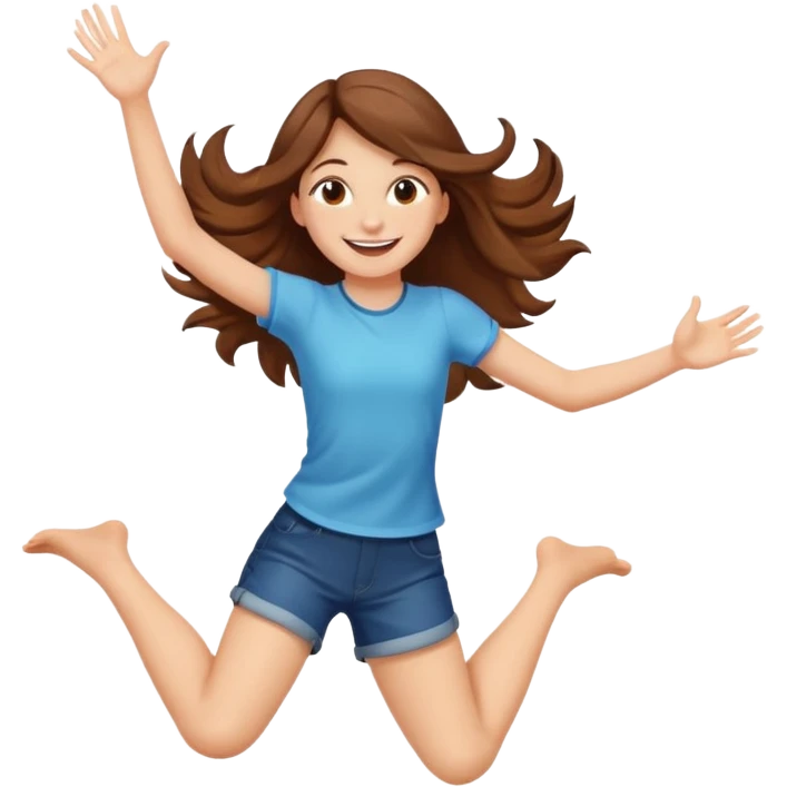 Girl with long brown hair happy jumping in the air with sunbeams in the background  emoji