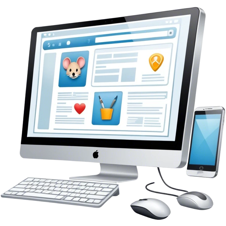 Modern icon for Web Design: computer screen with a website layout, design tools like a mouse and a stilus, web elements such as icons and wireframes. Transparent background. emoji