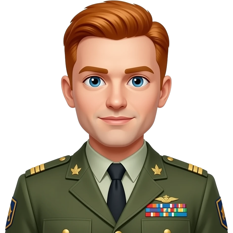 bright red haired  male in military uniform, closeup , front facing emoji
