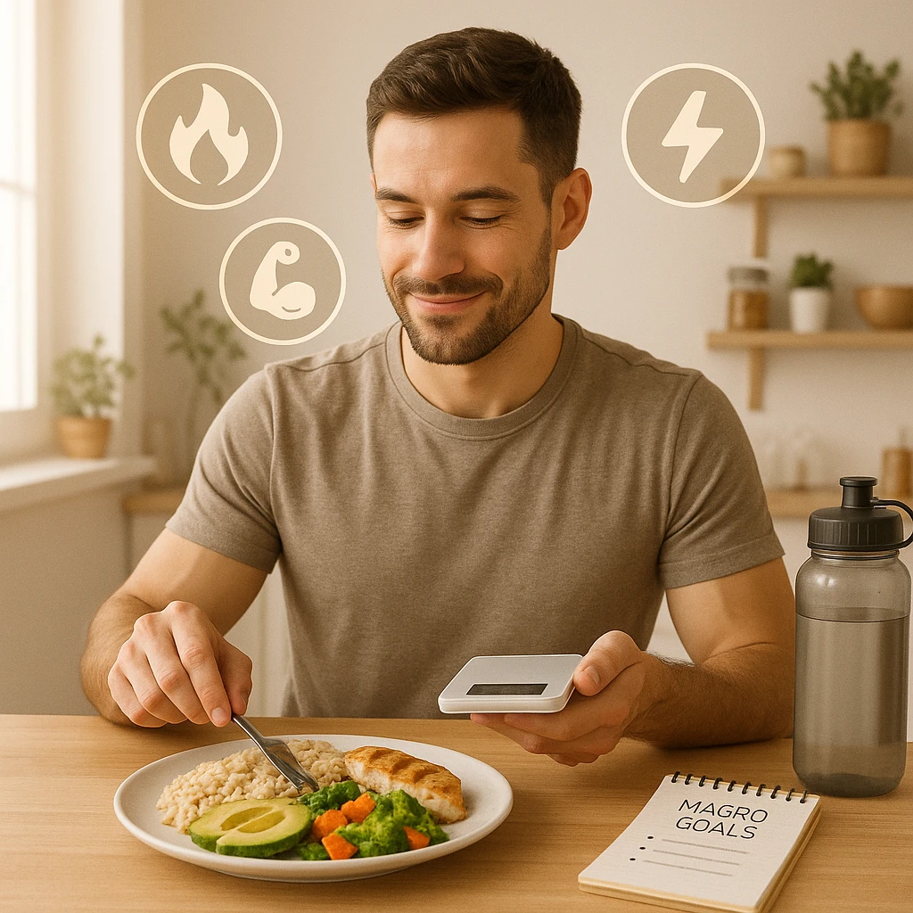A fit man in his early 30s, sitting calmly at a clean wooden kitchen table, adjusting his meal portions with intention. On the plate: whole grain rice, avocado slices, grilled chicken, and olive oil drizzled vegetables — slightly more than a normal serving, symbolizing a small caloric surplus. He’s holding a digital food scale and smiling slightly, showing confidence. Around him float clean icons of metabolism, muscle growth, and energy. Background: bright morning light, minimalistic kitchen with fitness and wellness elements (e.g. a water bottle, notepad with 'macro goals', and healthy food on shelves). Style: semi-realistic, lifestyle photography look, warm tones, high detail emoji