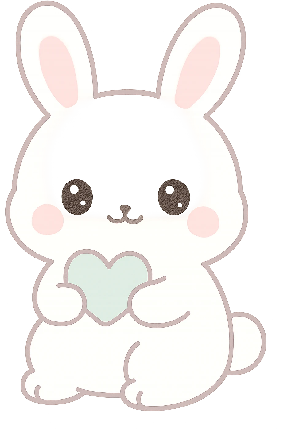 Kawaii style illustration of a bunny with white fur holding a heart, cute expression, pastel colors, soft outlines, no background (transparent) emoji
