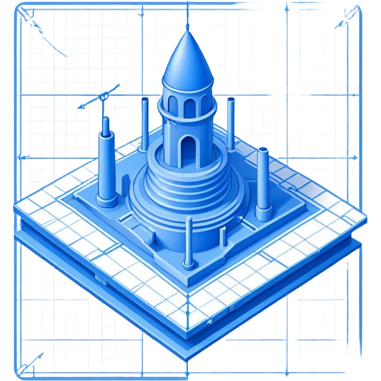 blue blueprint with a dashed line connecting a start point and a destination point emoji