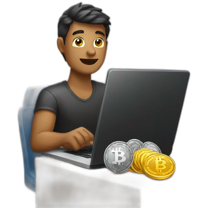 Men with laptop and crypto coin emoji