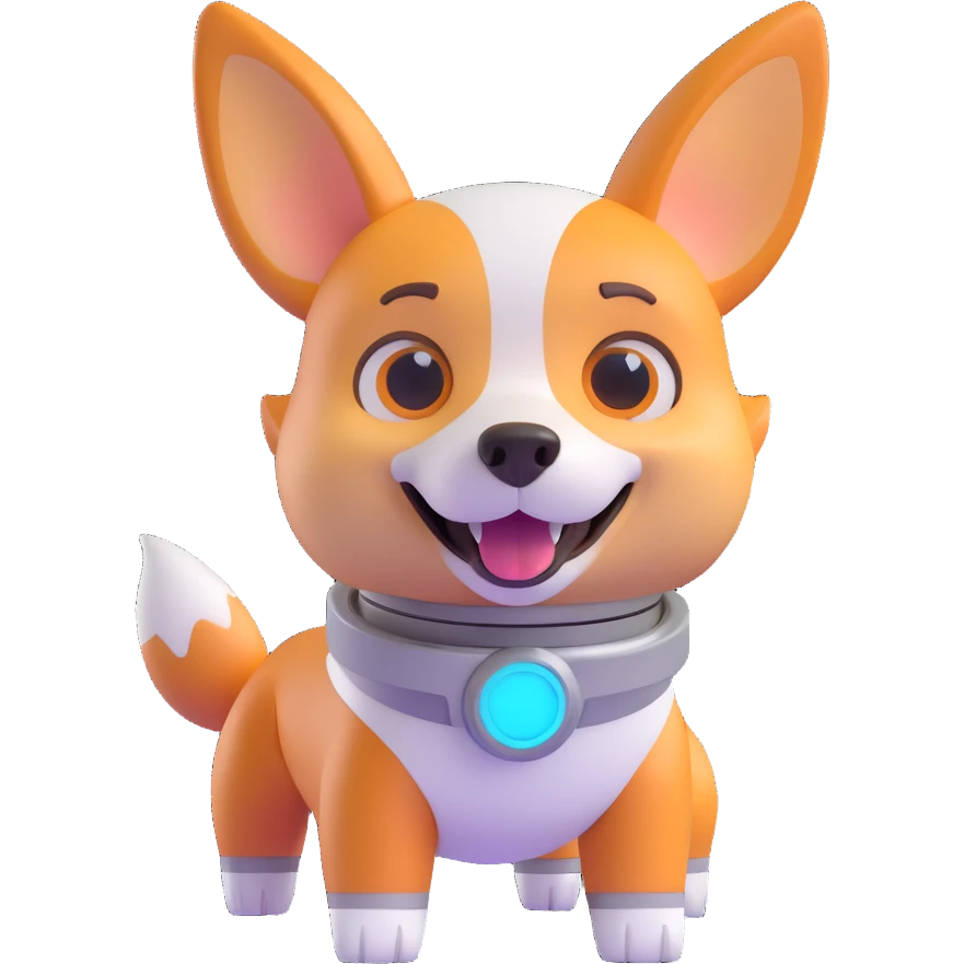 cute dog robot with pointy corgi-like ears, soft rounded body, glowy eyes and joints, friendly futuristic vibe, playful, slightly cartoonish, colorful with glowy accents, highly expressive face and posture, reaction laughing emoji