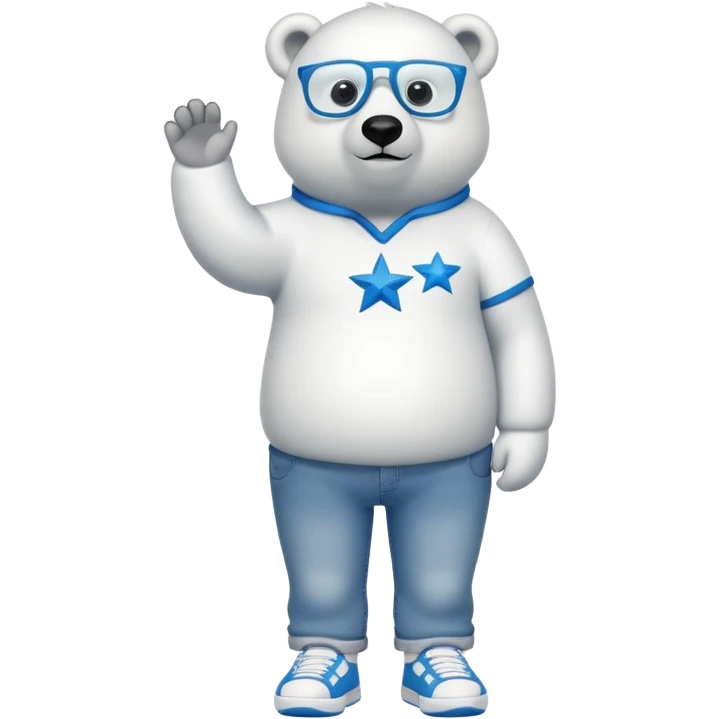 friendly anthropomorphised polar bear standing upright, looking chilled and unbothered, wearing a shirt, jeans, trainers, star-shaped glasses emoji