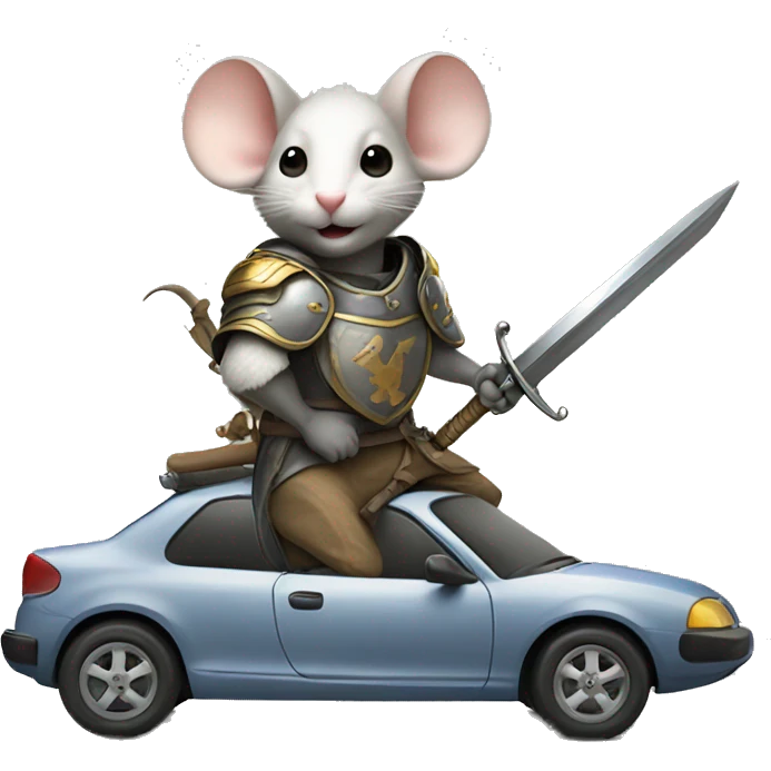 A mouse holding a sword, helmet and shield riding on top of a car  emoji