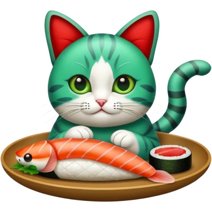 emoji di un gatto che tiene del sushi in mano, è verde con gli occhi azzurri ed un papillon rosso emoji