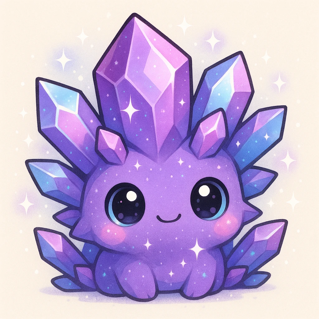 kawaii style crystal sprite creature, mostly purple with blue and pink accents, big eyes, sparkly emoji