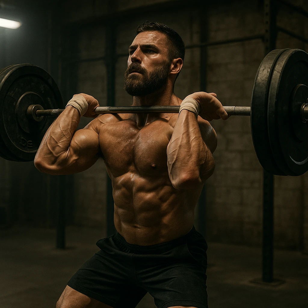 realistic 4K image of a CrossFit athlete training, weightlifting scene, muscular details, dramatic lighting, industrial gym background, powerful atmosphere emoji