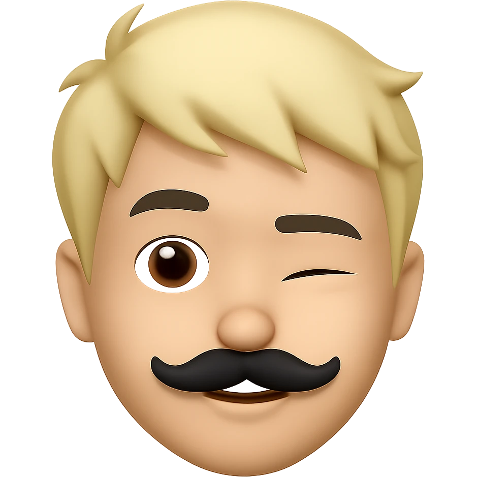 Make the mustache smaller, keep short messy blond hair, emoji style, preserve transparent background, winking. The style should resemble apple style emojis with concise prompt focus. emoji