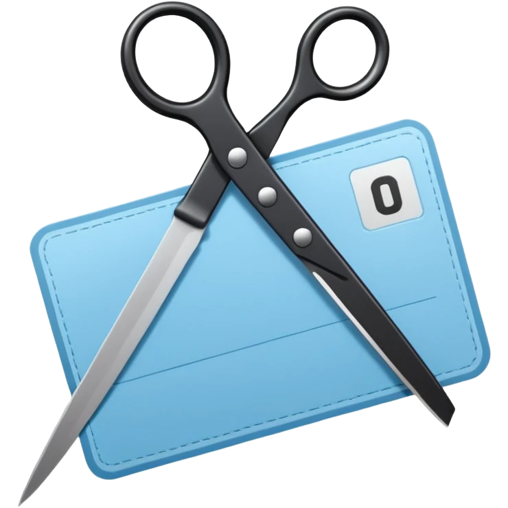 Floating black Scissors cutting a light blue military ID card in 2 parts .hyper realistic emoji