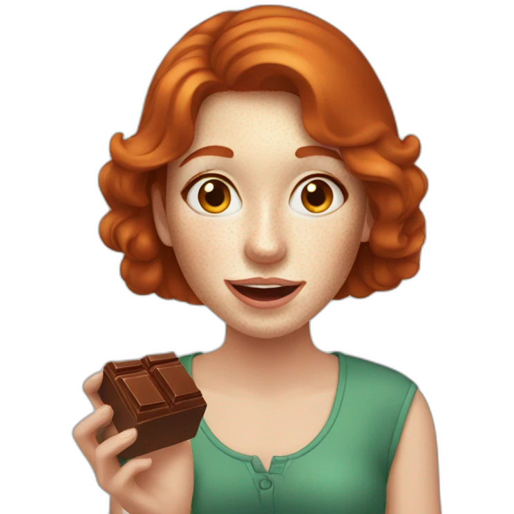 redhead woman with freckle eats chocolate emoji