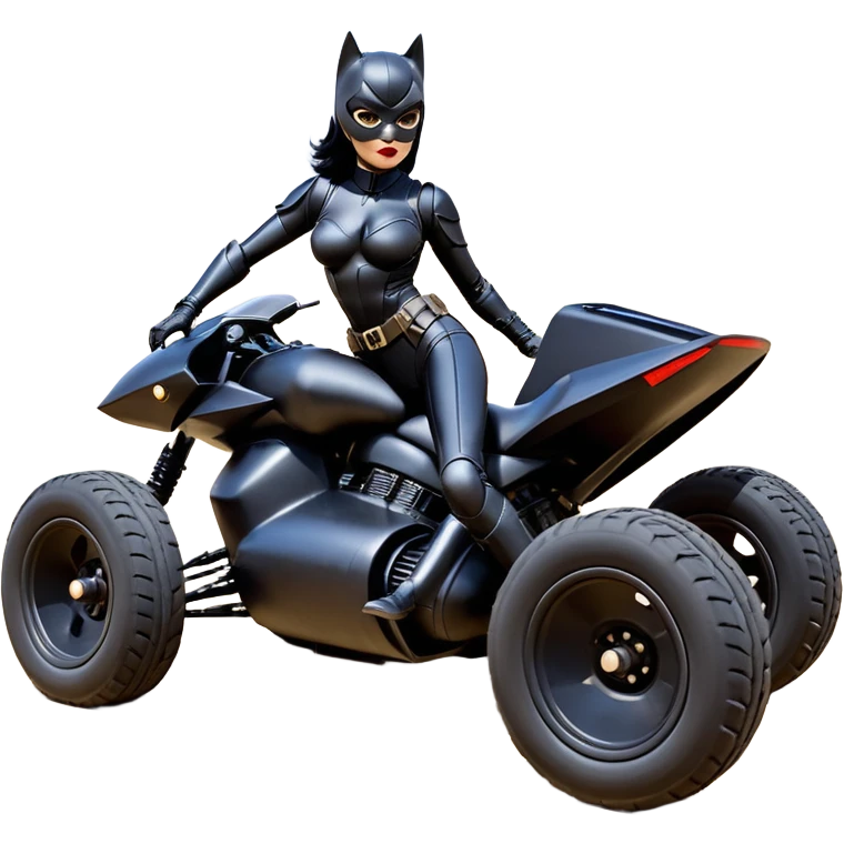 Rc toy sexy fenders on Catwoman’s buxom attractive armored midnight-colored tight outfit from tv series style dark knight movie stealthy accurate sporty safe deluxe off-road fast pursuit prototype concept car (black hair, sitting back but driving aggressively) secret rally vehicle  emoji