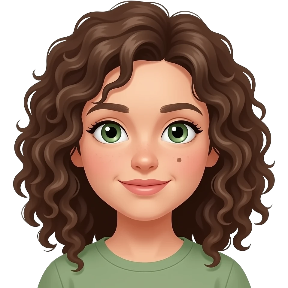 Create a fair girl with a mole under her right cheek, super curly hair and sage green eyes and emoji