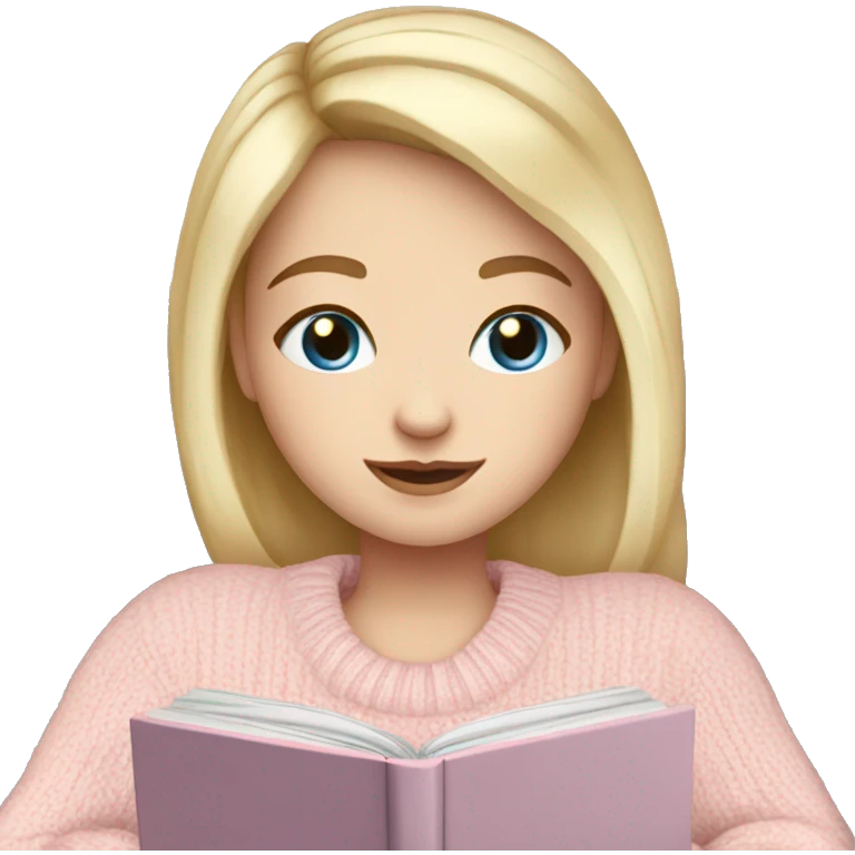 Pretty blue eyed white girl with light pink sweater reading cozy emoji