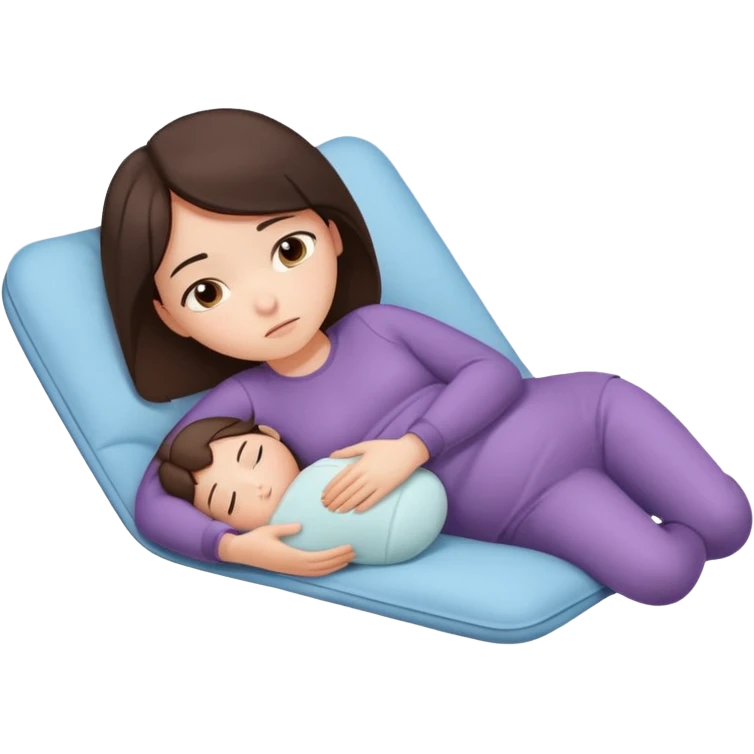  a brunette girl lying down on her side, holding a warm heating pad against her lower belly. She's uncomfortable and sad, her posture should show she’s having bellyache. Use simple lines, rounded shapes, soft colors, and a clean emoji aesthetic. Make it expressive but still adorable emoji