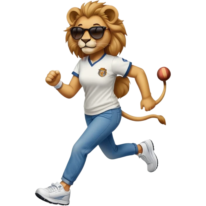 confident anthropomorphised female lion wearing a baseball shirt, jeans, trainers, dark sunglasses, jogging upright, looking self-assured emoji