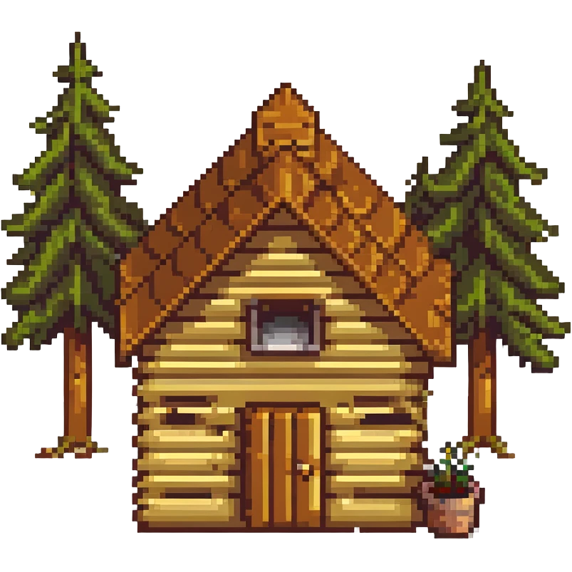 wooden cabin in forest clearing with small garden emoji