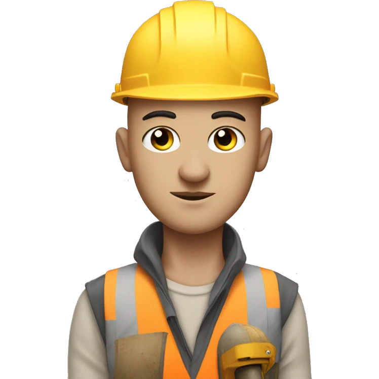 Pale man, thick black eyebrows, bald head, with a cat, dressed as a construction worker emoji