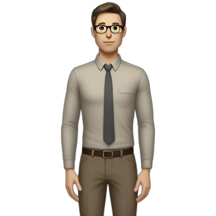 Full height Pale skinned fit man with dark brown hair in gray jacket, beige office shirt, brown tie, brown pants and vintage glasses. His right hand stretched out emoji