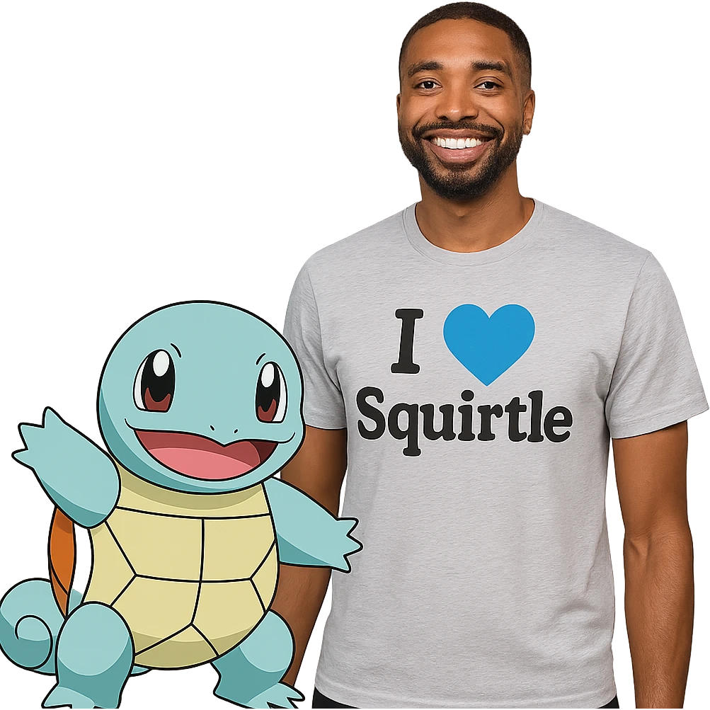 Mikal Bridges, basketball player, friendly face, standing next to Squirtle, wearing a shirt that says: I blue heart Squirtle emoji