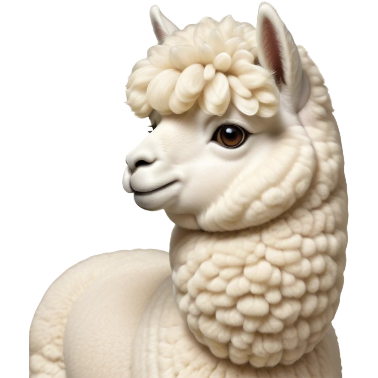Cinematic Noble Cream Alpaca Portrait Emoji, Poised and regal, with a graceful, sturdy build and a luxuriously soft, well-groomed cream fleece, deep-set soulful gentle eyes, Simplified yet sharp and sophisticated features, highly detailed, glowing with a soft, dignified glow, high shine, intelligent and serene, stylized with an air of pastoral elegance, focused and attentive, soft glowing outline, capturing the essence of a watchful and confident companion, so majestic it feels as though it could stride out of the screen with effortless authority! emoji