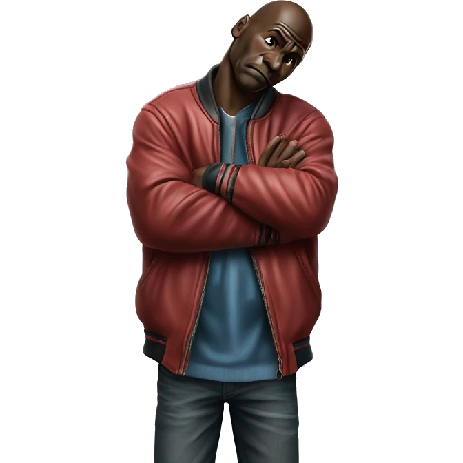 Michael Jordan in a jacket holds his head and is sad photorealistic serious emoji