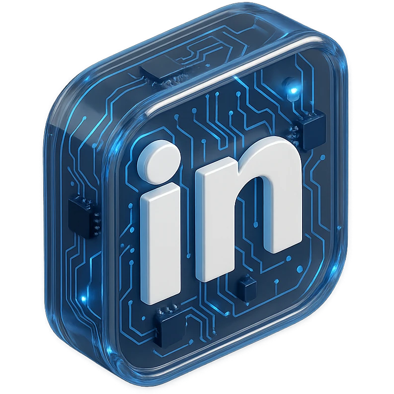 Glossy circuit-themed LinkedIn icon with blue glowing accents, transparent background emoji