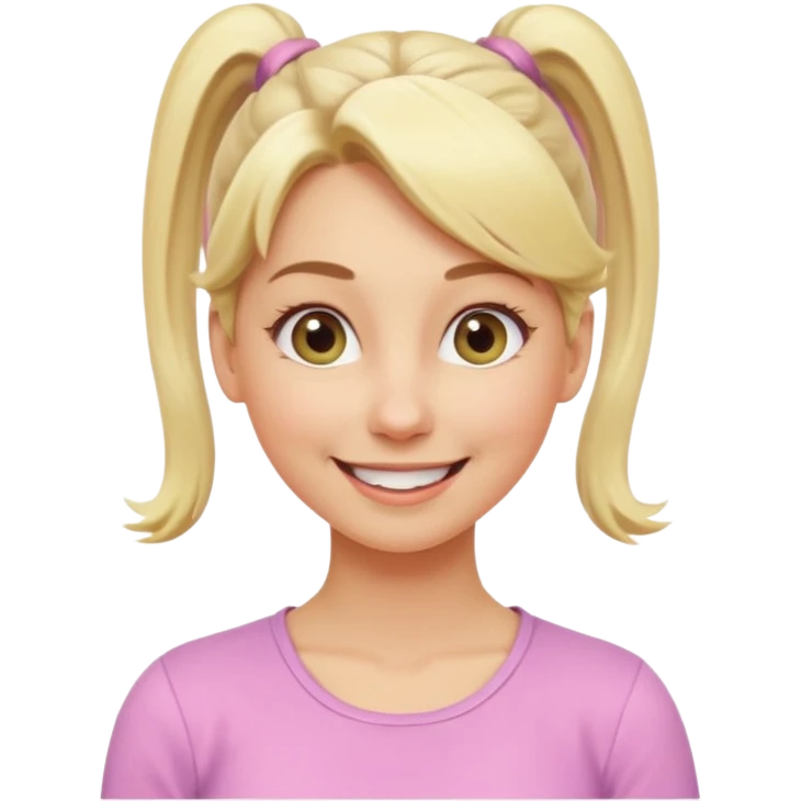 A playful blonde female mature realistic character with wide, mischievous eyes, smiling, ponytail, dynamic pose suggesting movement, pastel colors, minimalistic and cute emoji style. emoji