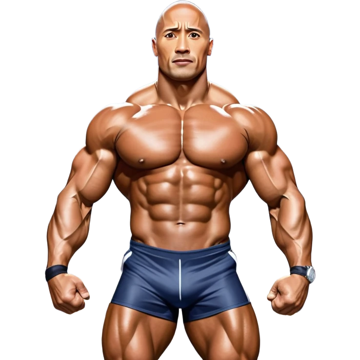 Dwayne 'The Rock' Johnson on stage at the Mr. Universe bodybuilding competition, covered in oil, flexing his powerful muscles. His physique shines under bright stage lights, showcasing his strength and dedication. The audience and judges are blurred in the background. Transparent background. emoji