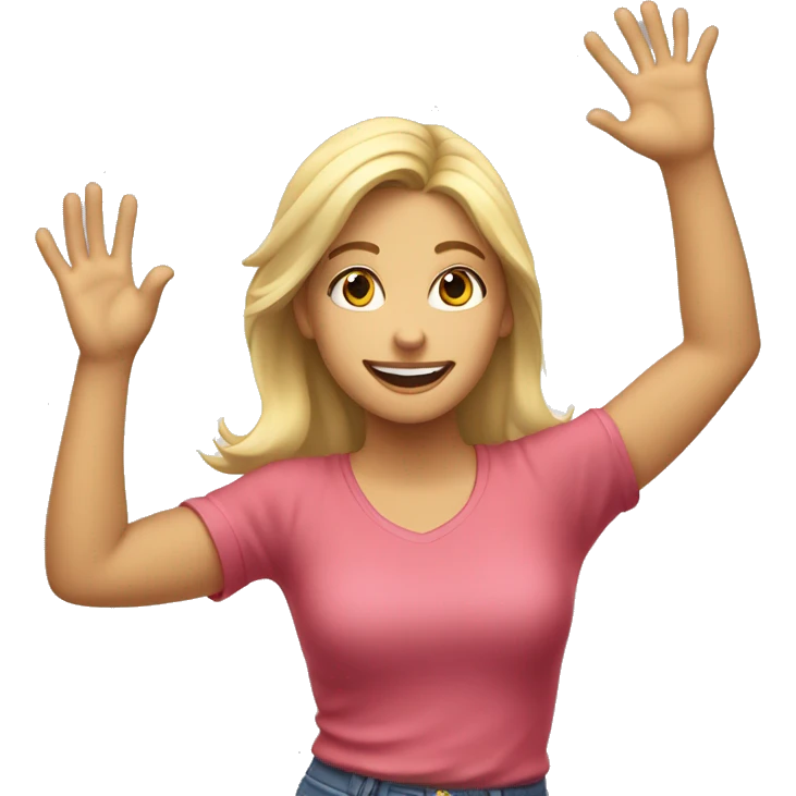 Blonde girl with hands high up in the air, open palms hand, happy, excited. Above waist only. emoji