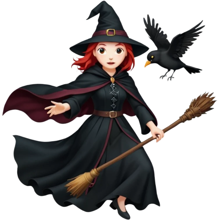 witch with red hair flying , on the background - full moon and black birds, должна лететь на метле emoji