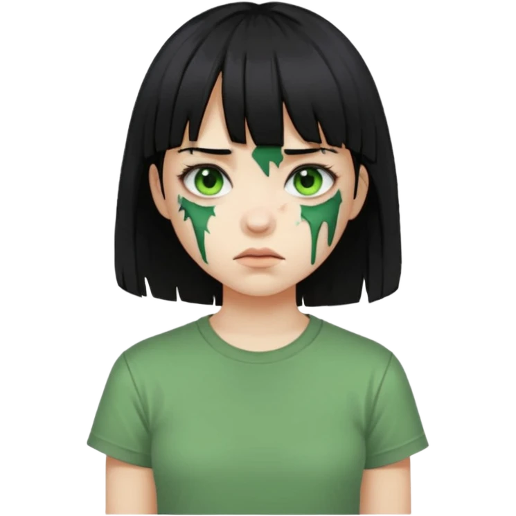 Garota de cabelo preto com franja com a pele verde e ferimentos expostos na cara, usa uma camiseta branca rasgada e suja de poeira  emoji