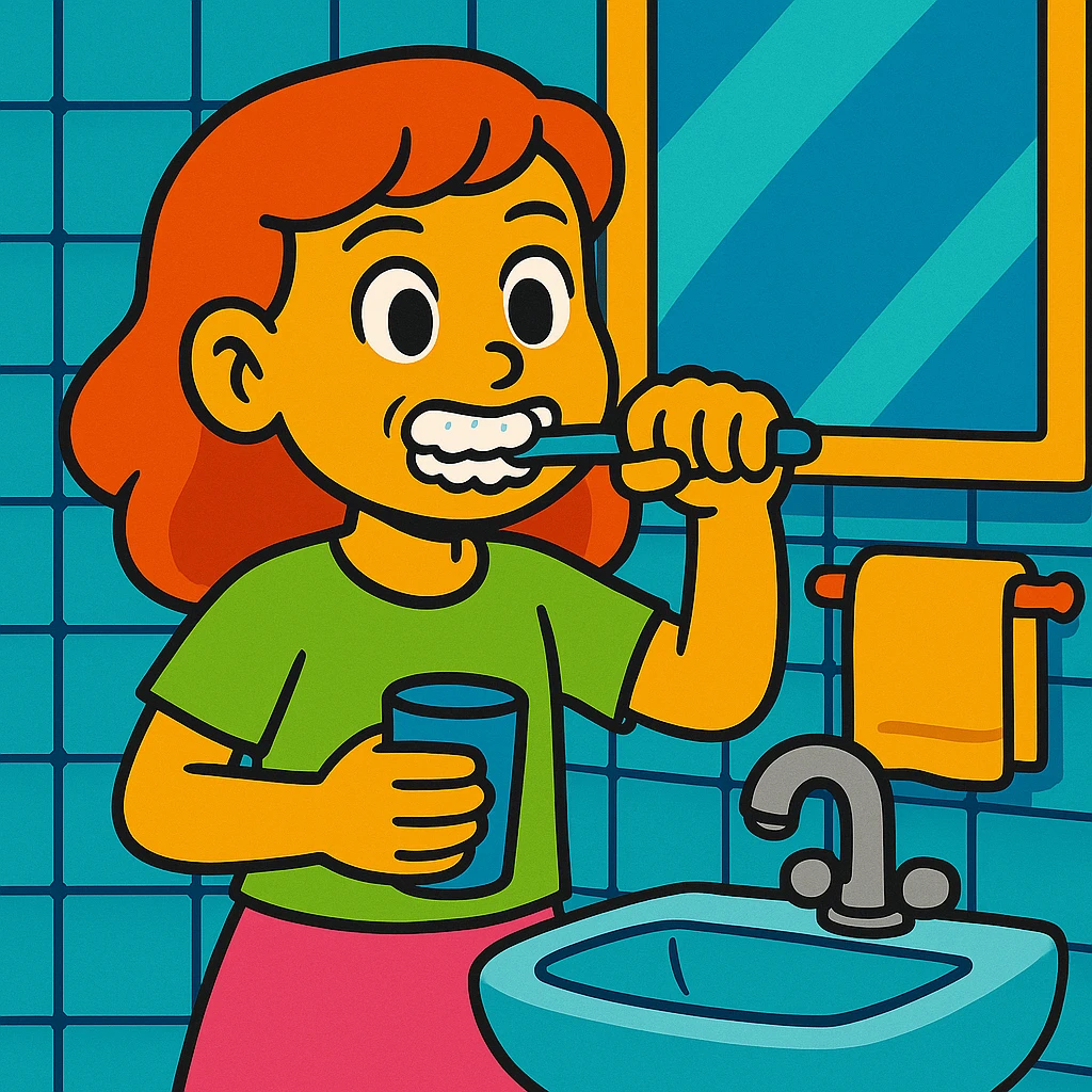 Change the scene so the girl is brushing her teeth, holding a toothbrush and brushing her teeth, with a bathroom background instead of the closet, in the same vibrant toon cartoon style. emoji