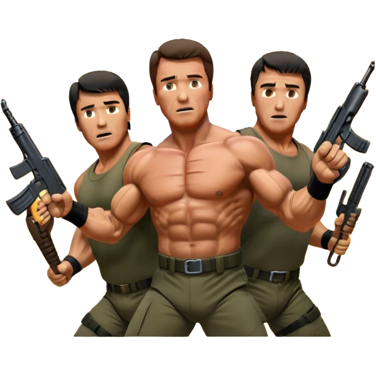 Icon for Action Movie Poster: Close-up collage of Arnold Schwarzenegger in 'Commando' and Sylvester Stallone in 'Rambo,' each in dynamic action poses, surrounded by intense explosions, dramatic lighting, and iconic weapons. Designed like a vintage movie poster. Transparent background. emoji