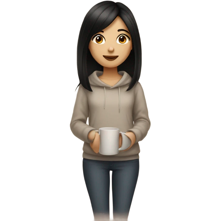 Brunette girl, black straight hair, cozy with tea emoji