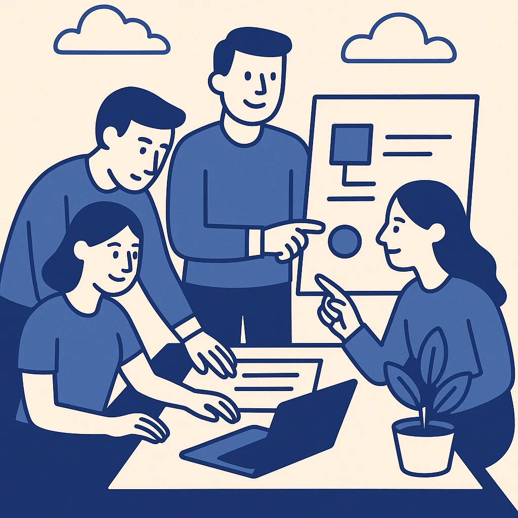team building, people collaborating on a project, modern office setting, flat blue illustration emoji