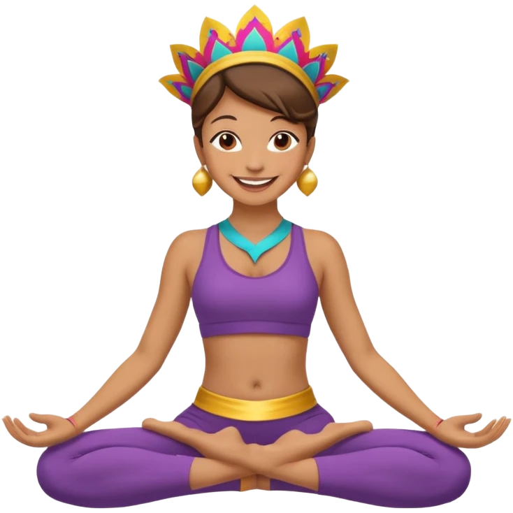 Uma pessoa em posição de yoga vestida de carnaval fantasiado emoji