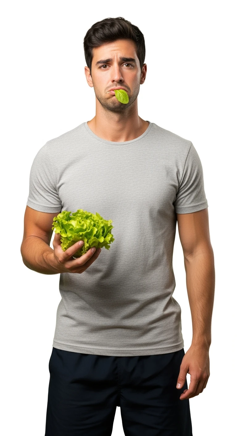 uomo fitness cON INSALATA IN MANO E FOGLIA DI INSALATA IN BOCCA, ESPRESSIONE TRISTE, ISOLATO SU SFONDO BIANCO emoji