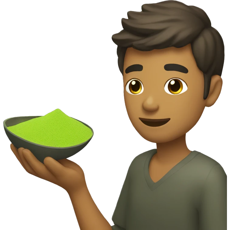 Create gold men who is holding matcha powder in his hand emoji