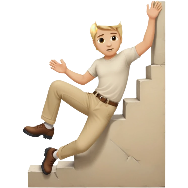 Stuntman with blonde hair wearing beige trousers and cream shirt scaling a wall emoji