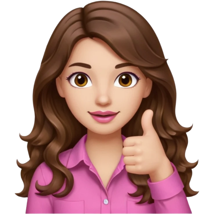 girl with long wavy brown hair, brown eyes, light to medium complexion, in a pink shirt, pink lips, long lashes, thumbs up emoji
